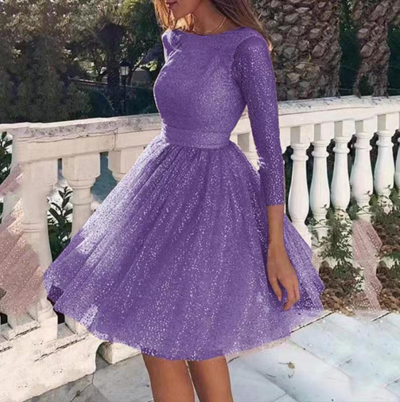 Damen Abendkleid A-Linie schimmernder Tüll lange Ärmel Eveloria