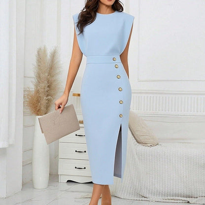 Damen Elegantes Midi-Kleid Knöpfe Seitenschlitz Eveloria