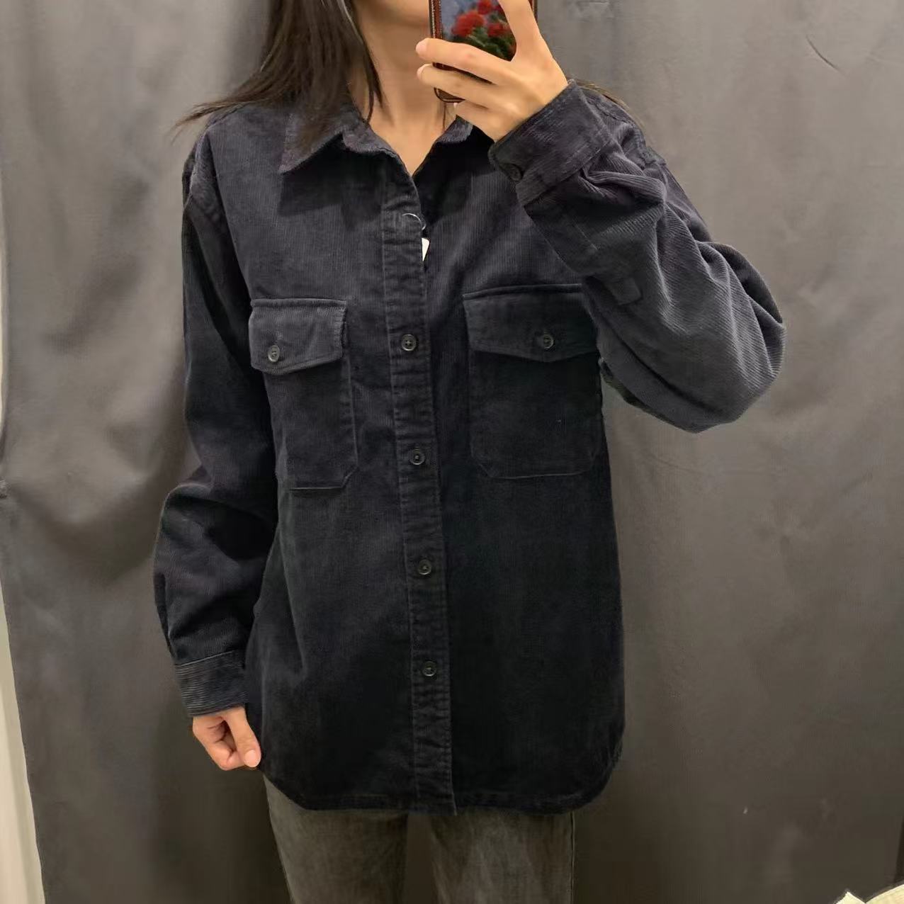Damen Kordjacke Lässig Brusttaschen Braun