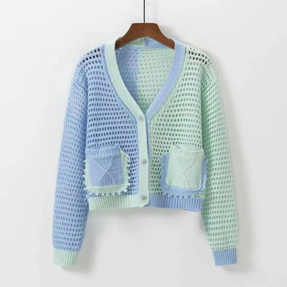 Damen Strickcardigan Luftig Netzstruktur Beige mit Taschen