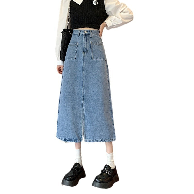Damen Denim-Rock Lang Mit Taschen Blau Eveloria