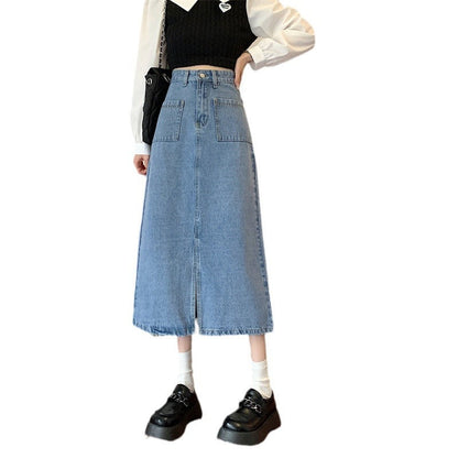 Damen Denim-Rock Lang Mit Taschen Blau Eveloria