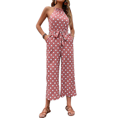 Damen Jumpsuit Moderner Punkte Look Verspielter Gürtel
