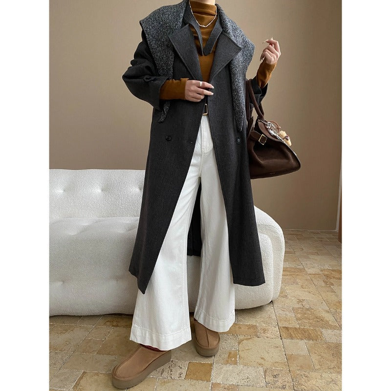 Damen Mantel Lang Abnehmbarer Kragen Taschen Eveloria