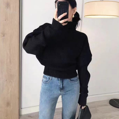 Damen Rollkragenpullover Strukturiertes Muster Weite Ärmel