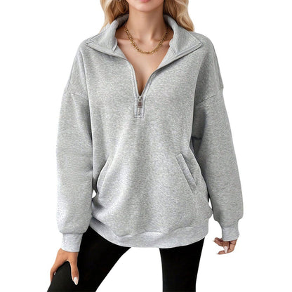 Damen Sweatpullover Halbzipp Reißverschluss Taschen Grau Eveloria