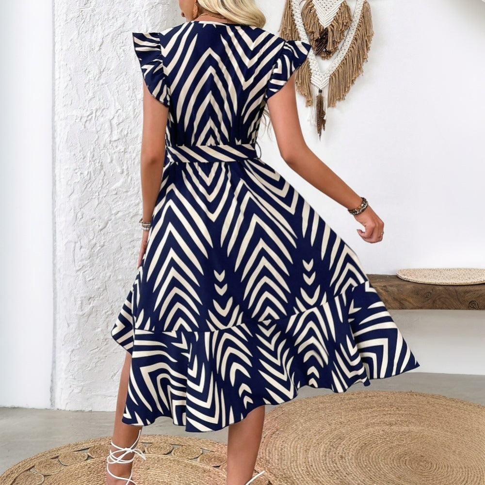 Damen Wickelkleid Sommerlich Volantärmel Grafikmuster Eveloria