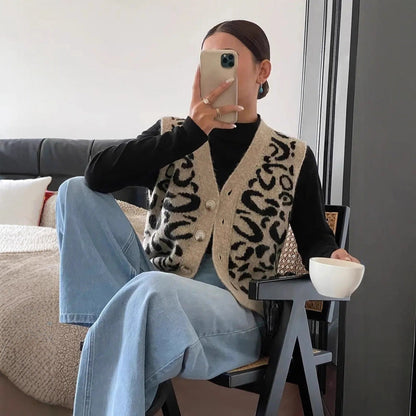 Damen Strickweste Leoprint Hochwertig