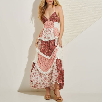 Damen Maxikleid Rüschen Florales Patchwork Design - Eveloria