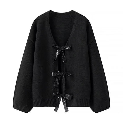 Damen Strickcardigan mit Schleifen Grau