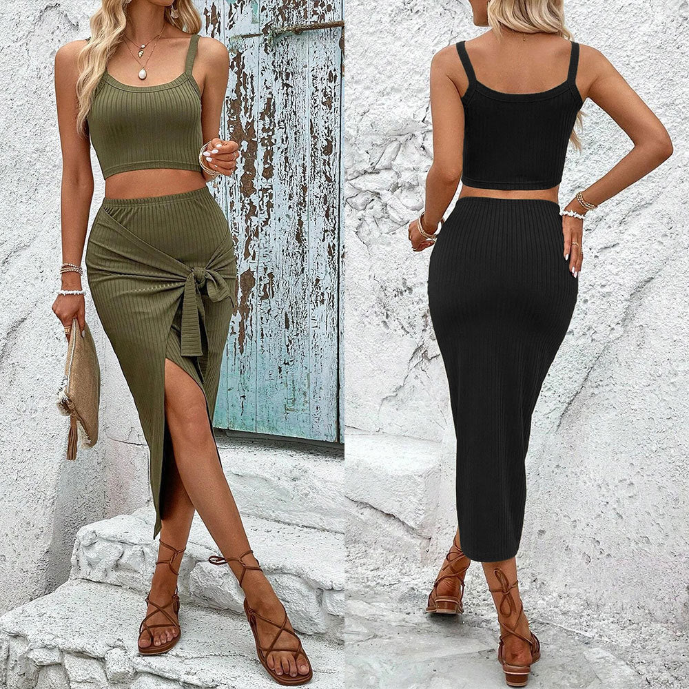 Damen Crop- Set mit Wickelrock und Knotendesign Schwarz - Eveloria
