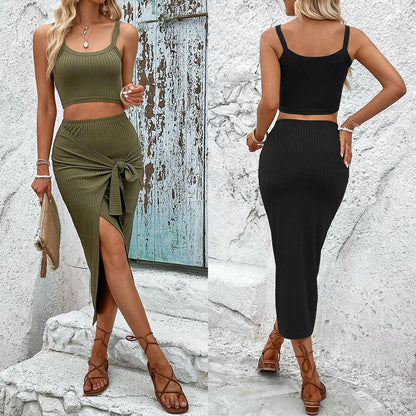 Damen Crop- Set mit Wickelrock und Knotendesign Schwarz - Eveloria