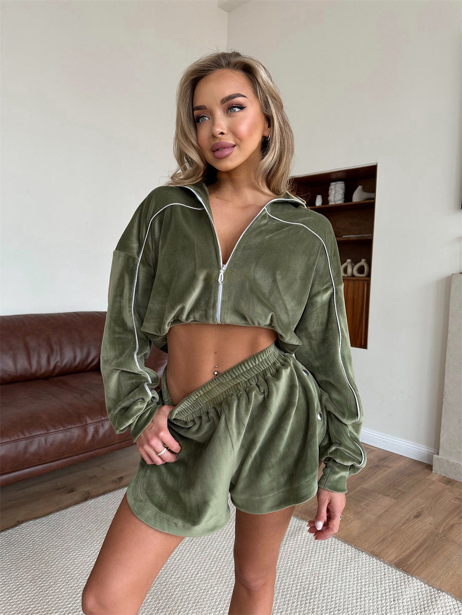 Damen Velours-Set Cropped mit Reißverschluss Elastisch