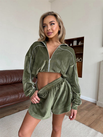 Damen Velours-Set Cropped mit Reißverschluss Elastisch