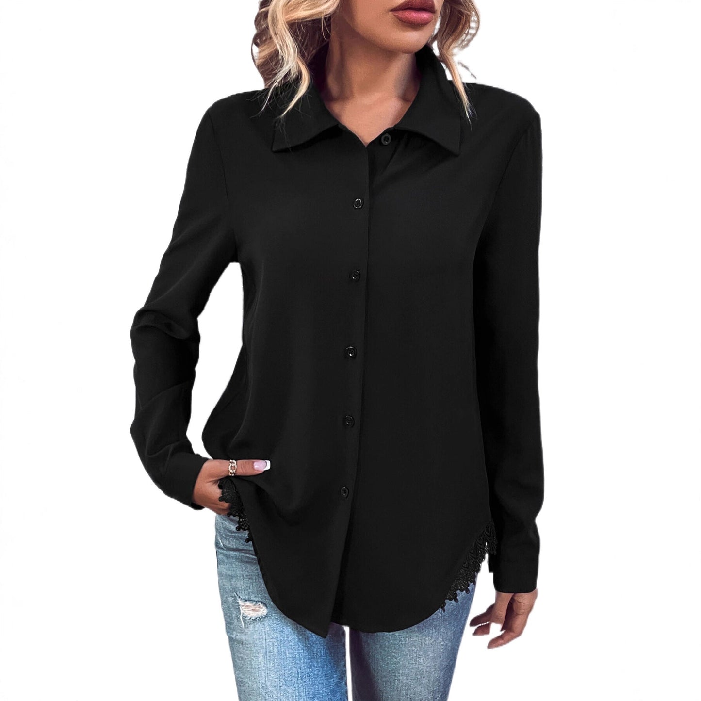 Damen Bluse Spitze Knopfleiste Eveloria