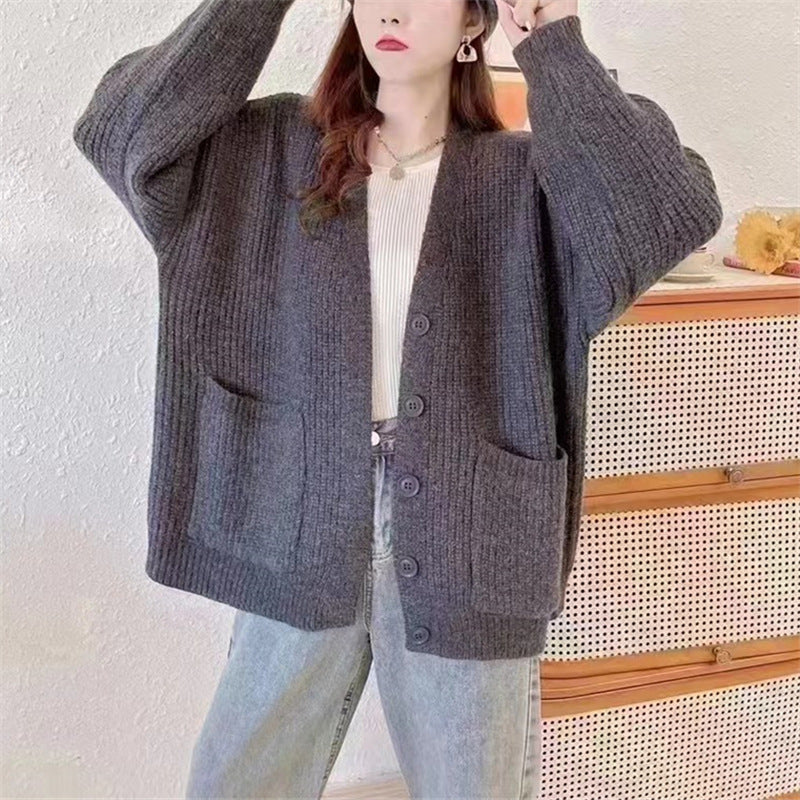 Damen Strickjacke V-Ausschnitt Kuschelig Mit Taschen Grau