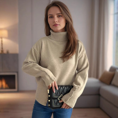 Damen Rollkragenpullover Knopfdetails Eveloria