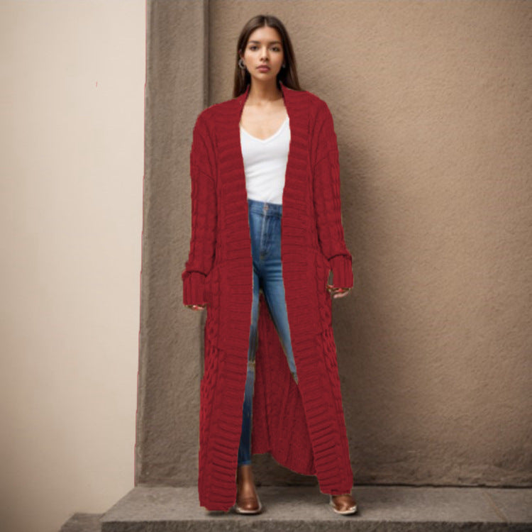 Damen Strickcardigan Lang Zopfmuster