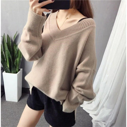 Damen Pullover Grobgestrickt V-Ausschnitt Oversized Ärmel Beige