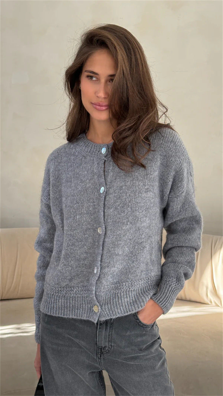 Damen Strickcardigan Weich Knopfverschluss Voluminöse Ärmel Beige