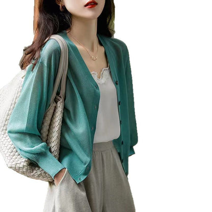 Damen Strickjacke V-Ausschnitt Knopfdetails Luftig