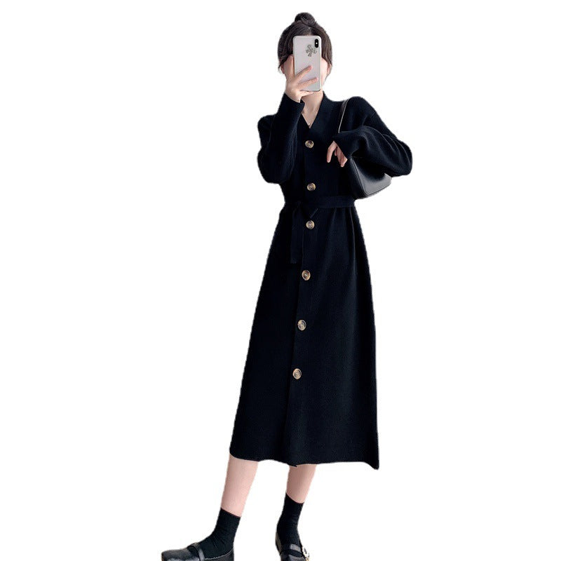 Damen Strickkleid Knielang Mit Knöpfen Und Gürtel