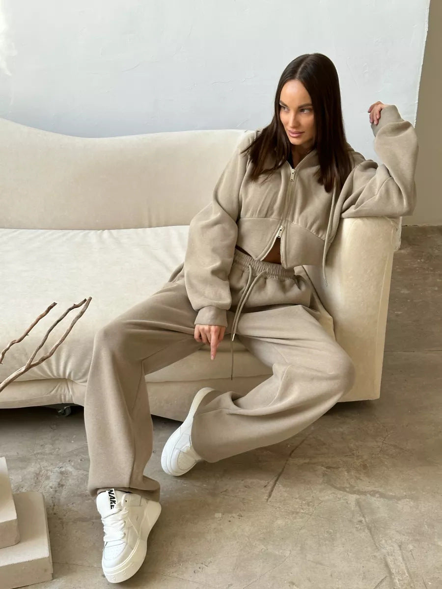 Damen Fleece-Loungewear-Set mit Kapuze und verstellbarem Bund