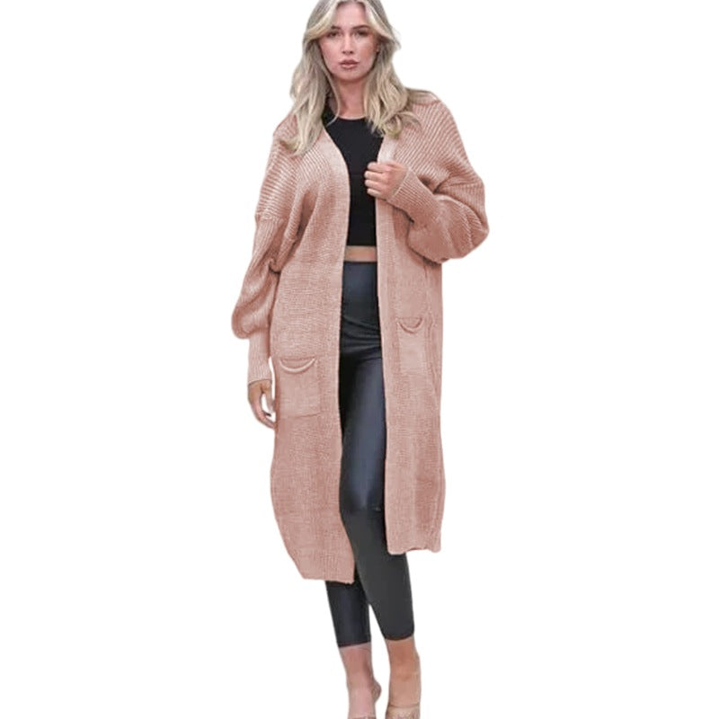 Damen Cardigan Grobstrick Offene Taschen Lässig Beige