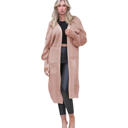 Damen Cardigan Grobstrick Offene Taschen Lässig Beige