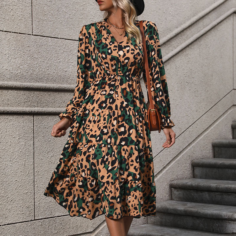 Damen Midi-Kleid Leopardendruck Voluminöser Rock - Eveloria