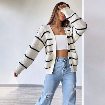 Damen Strickjacke Längsärmelig Klassische Streifen