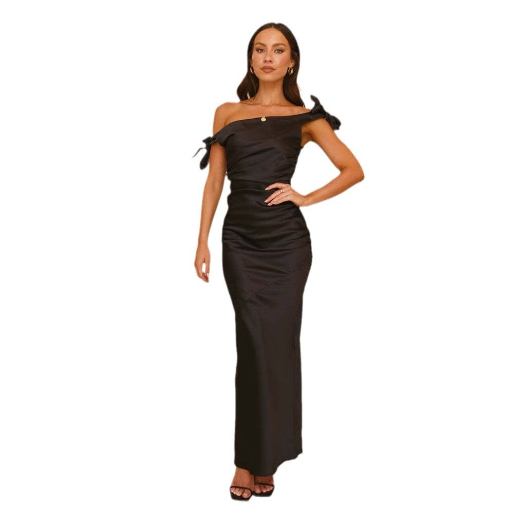 Damen Maxikleid Schulterfrei Raffinierte Bindebänder Eveloria