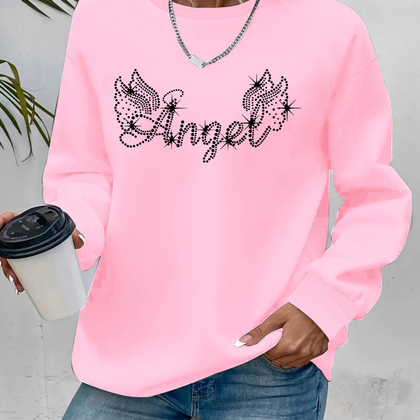 Damen Sweatshirt Glitzer Aufdruck Lässiger Schnitt Eveloria