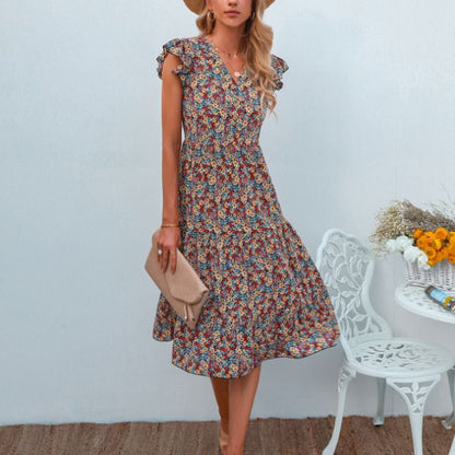 Damen A-Linien Kleid Rüschenärmel Floralmuster Eveloria