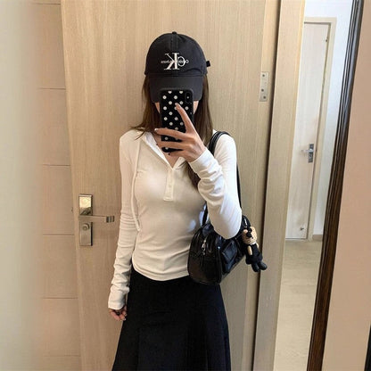 Damen Langarm Poloshirt Elegant Kragen Weiss