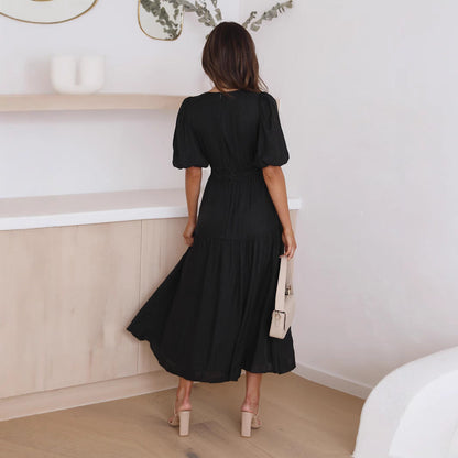 Damen Maxikleid V-Ausschnitt Puffärmel Eveloria