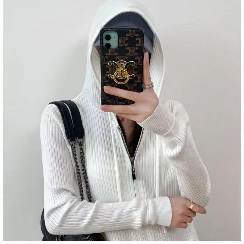 Damen Strickjacke Kapuze Reißverschluss Eveloria