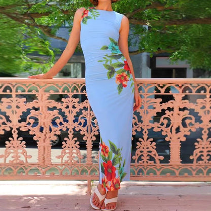 Damen Maxikleid Floral Schnitt Figurbetont Raffungsausschnitt - Eveloria