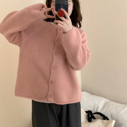 Damen Cardigan Weit Gemütlich mit Knöpfen Beige