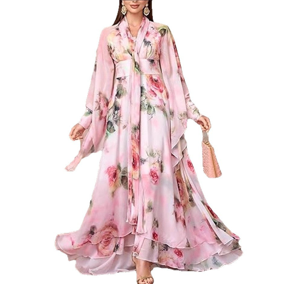 Damen Maxikleid Florales Design Volants Elegantes Langkleid