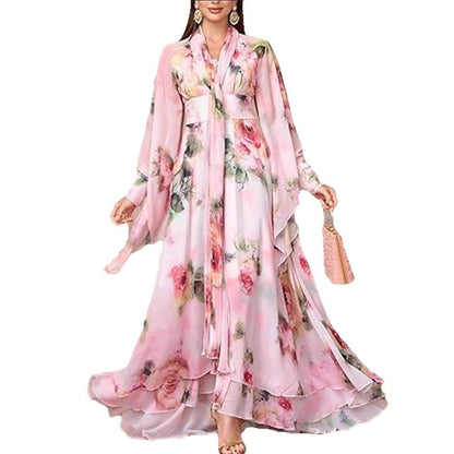 Damen Maxikleid Florales Design Volants Elegantes Langkleid