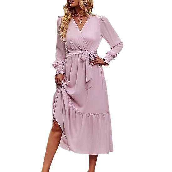 Damen Midi-Kleid V-Ausschnitt Bindegürtel Eveloria