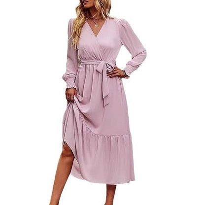 Damen Midi-Kleid V-Ausschnitt Bindegürtel Eveloria