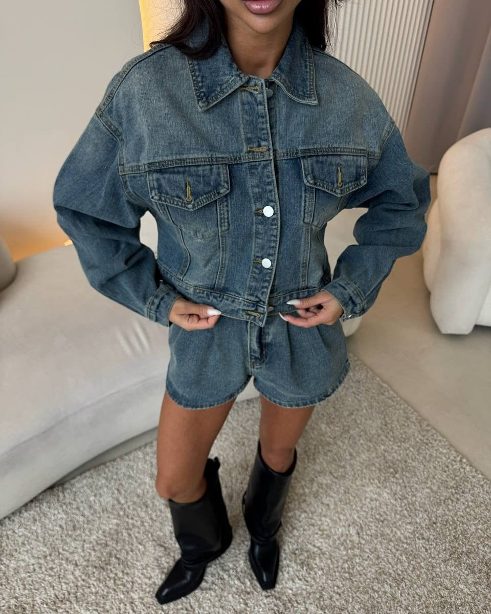 Damen Denim-Jacke Kurzärmelig Blau mit Shorts