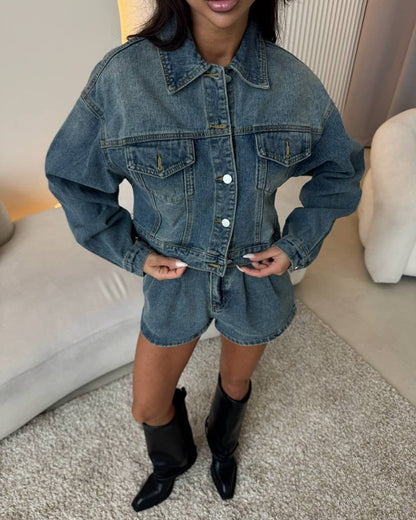 Damen Denim-Jacke Kurzärmelig Blau mit Shorts