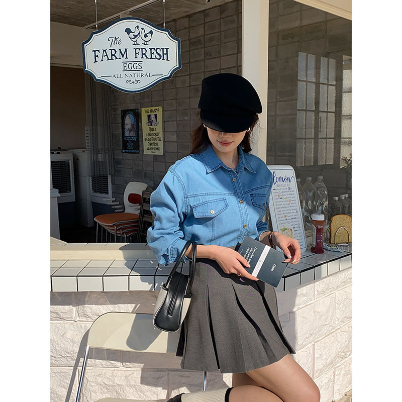 Damen Denim-Hemdjacke Lässig Aufgesetzte Taschen Blau Eveloria - Eveloria