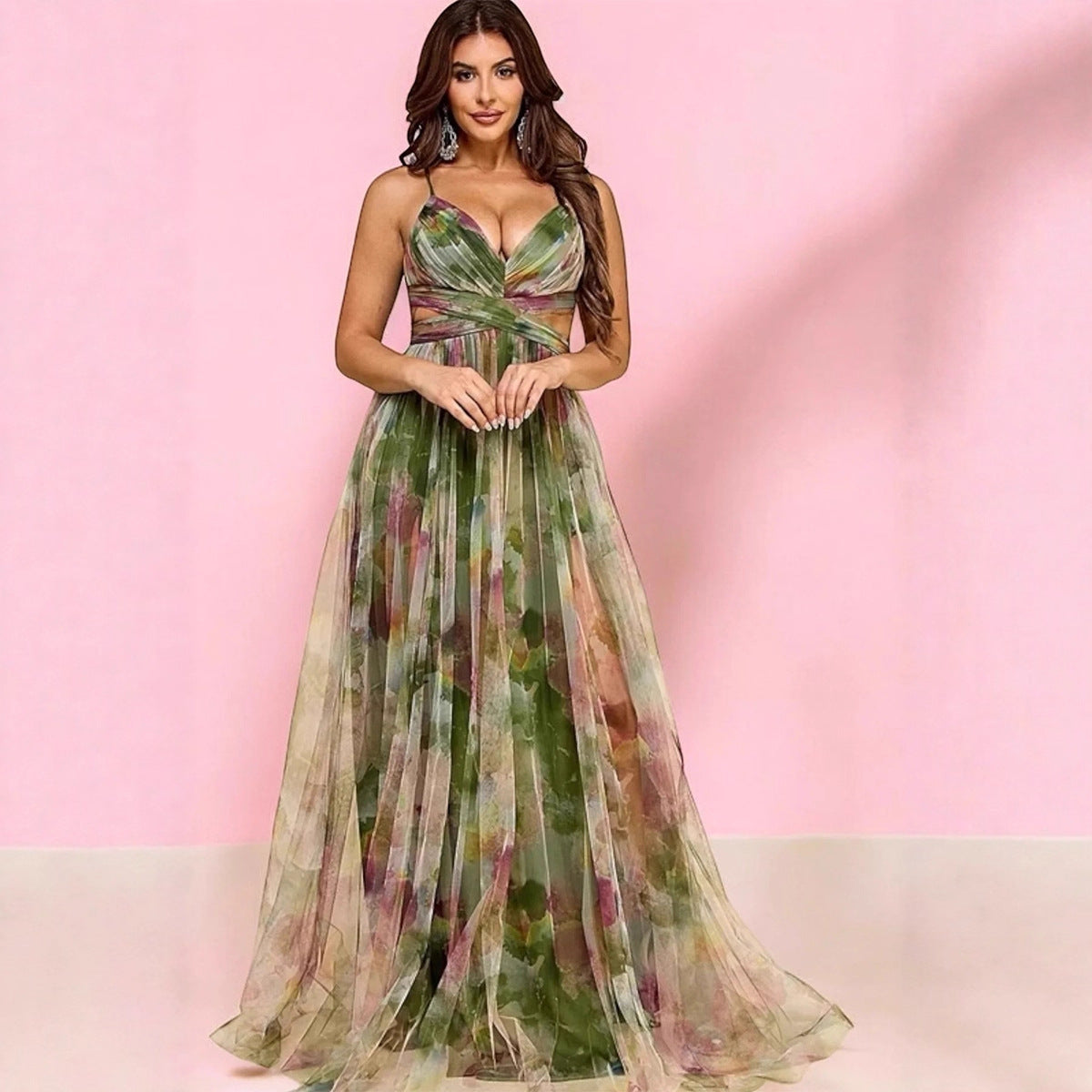 Damen Maxikleid Luftig Blumenmuster Seitenausschnitt Farbenfroh