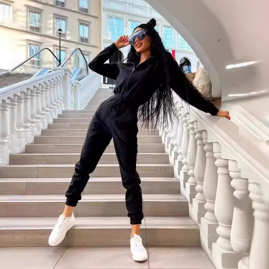 Damen Jumpsuit Bequem Kontrastreißverschluss