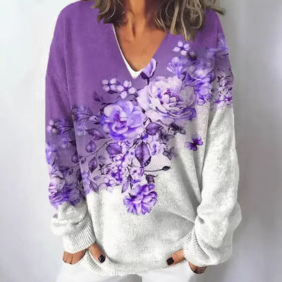 Damen Pullover V-Ausschnitt Floralmuster Lässig Eveloria