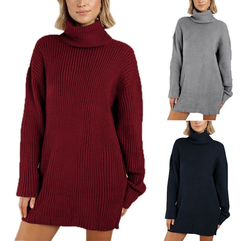 Damen Oversized Strickpullover Hochkragen Grau Eveloria